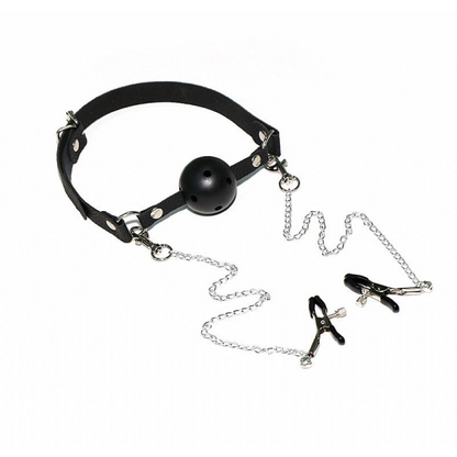 Mordaça com Prendedor de Mamilos com Corrente - Preto