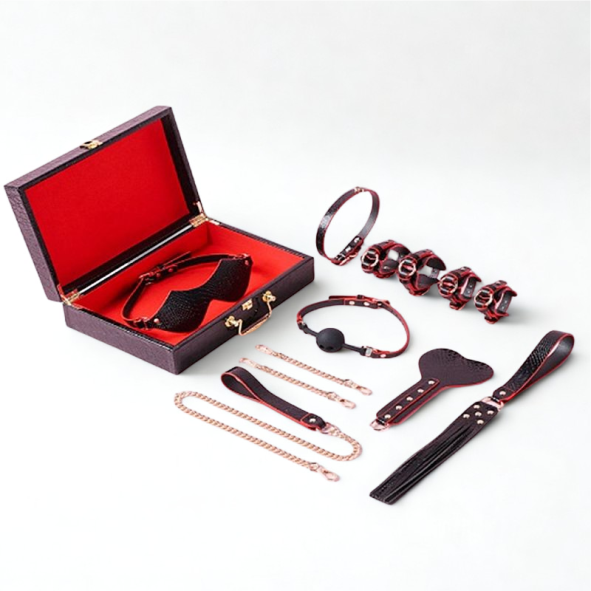 Kit Maleta Sado de Luxo - Algema, Tornozeleira com Corrente,Venda e Chicote