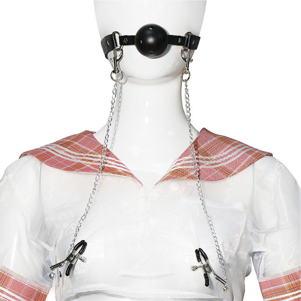 Mordaça com Prendedor de Mamilos com Corrente - Preto