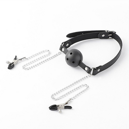 Mordaça com Prendedor de Mamilos com Corrente - Preto