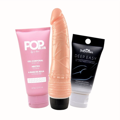 KIT 03 - LUBRIFICANTE + PÊNIS COM VIBRADOR + GEL ANAL