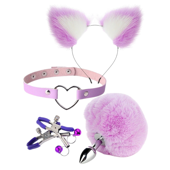 Kit Coelha – Coleira, Tiara com Orelhas, Plug Anal com Rabo e Prendedor de Mamilos