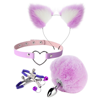 Kit Coelha – Coleira, Tiara com Orelhas, Plug Anal com Rabo e Prendedor de Mamilos