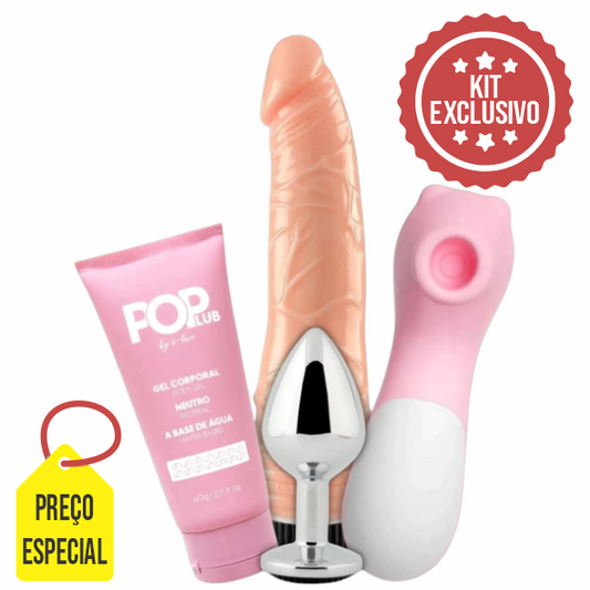 KIT 08 - SUGADOR + PÊNIS VIBRADOR + PLUG METAL P + LUBRIFICANTE